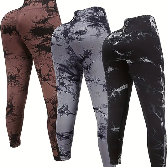 3-Pack up the Ante Sports Leggings Set, Women'S Tie-Dye High-Waisted Hip Lift Running Pants 3-Piece Set